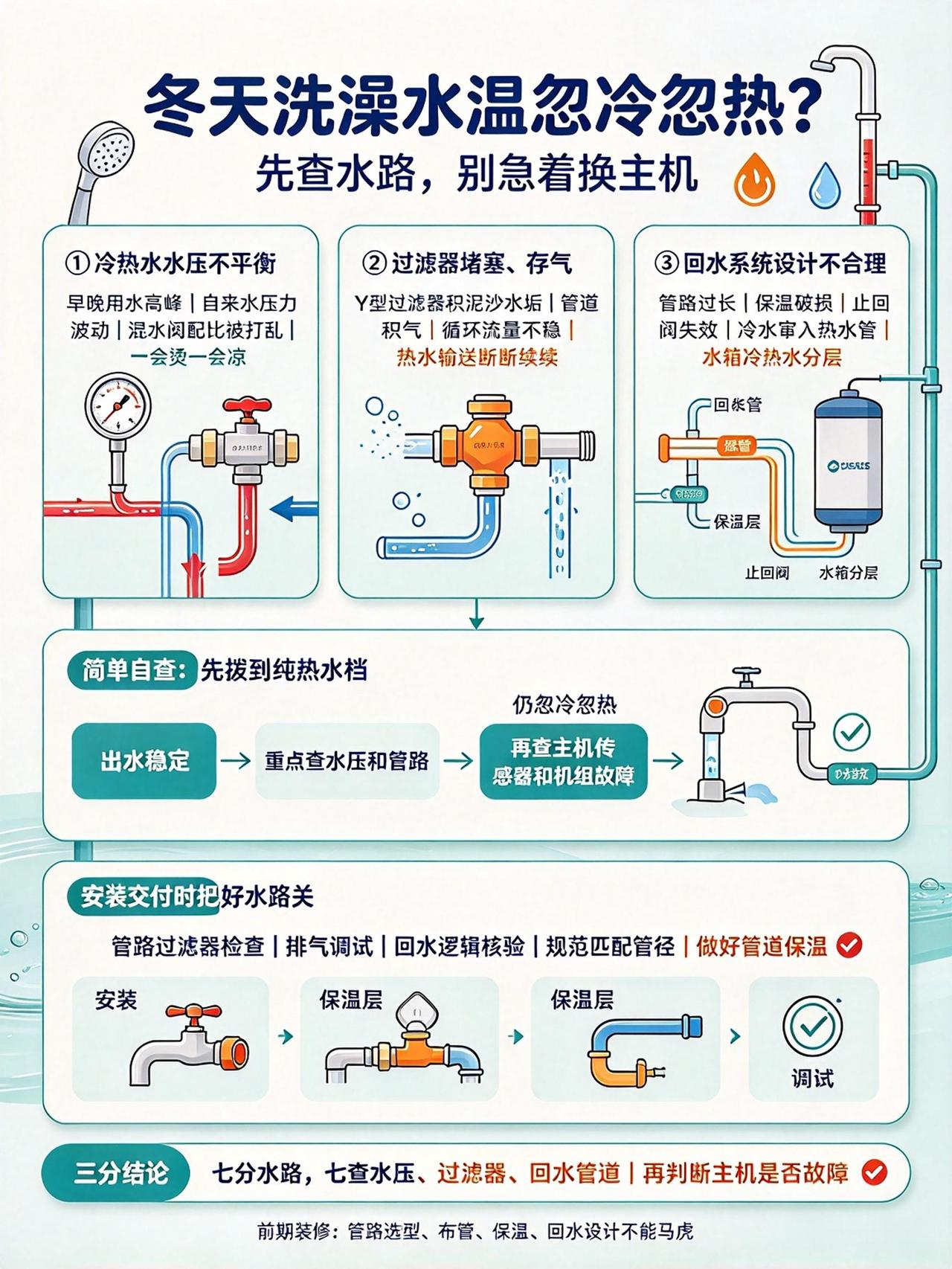 冬天水温忽冷忽热，问题可能不在机器在管路
 
不少家庭使用空气能，冬天洗澡遭遇水