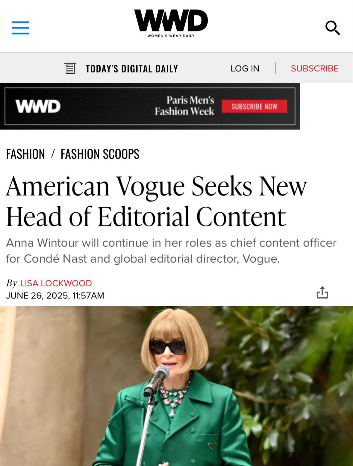 安娜即将卸任美版 VOGUE 主编，但是康泰纳仕 / Condé Nast 首席