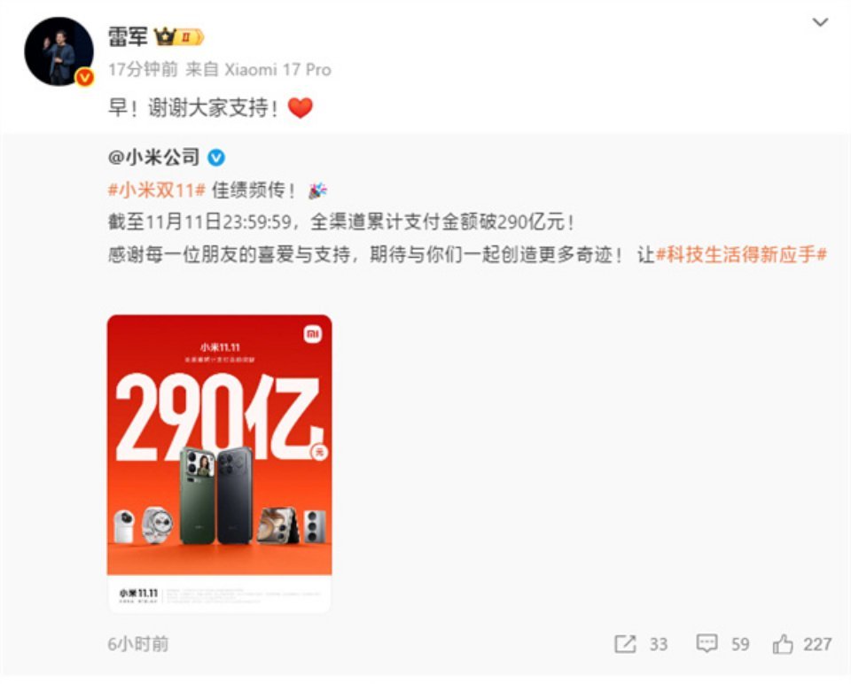 小米双11战绩，截至11月11日23:59:59，全渠道累计支付金额破290亿元