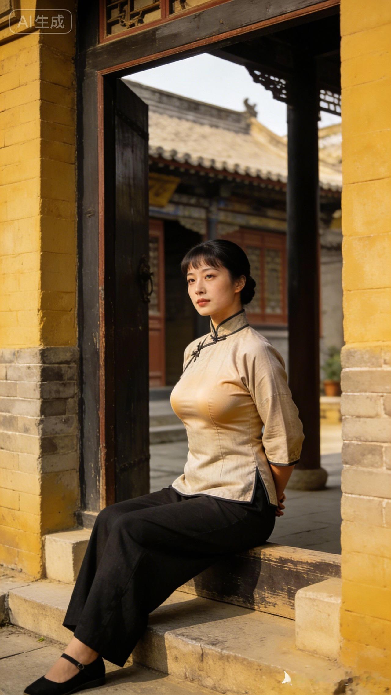 穿越时空的古典美人，静坐古宅门廊，韵味十足。