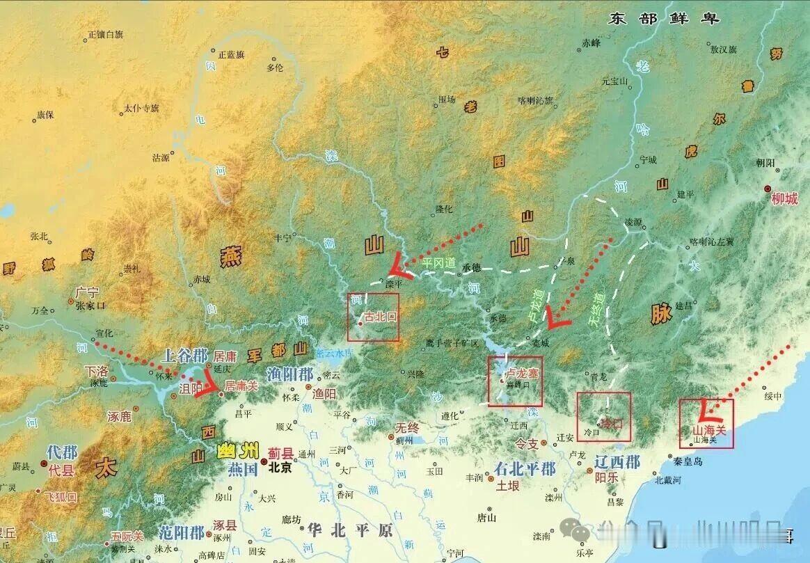 华北的门锁燕山四道，左边军都陉道，走居庸关过宣化、怀来，明英宗那次“土木堡之变”