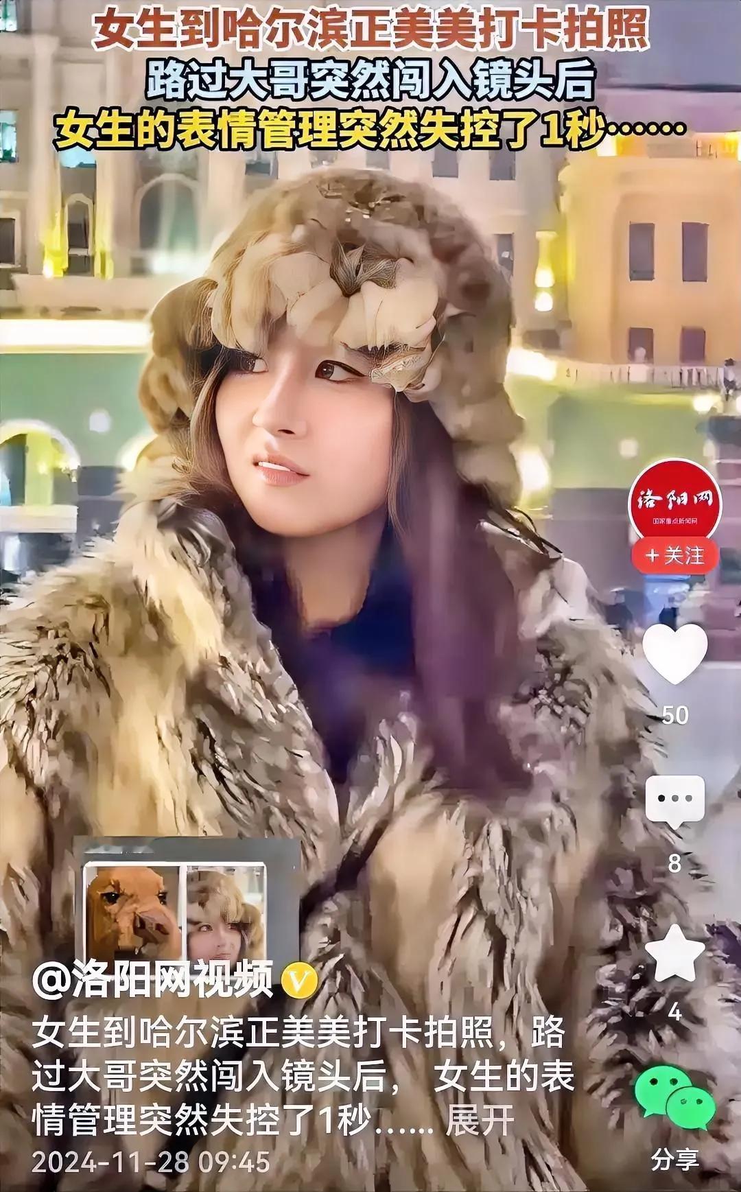 也是哈！女生来到哈尔滨，拍照是大事，正渐入佳境，拿捏姿势和表情，不识趣大哥闯了镜