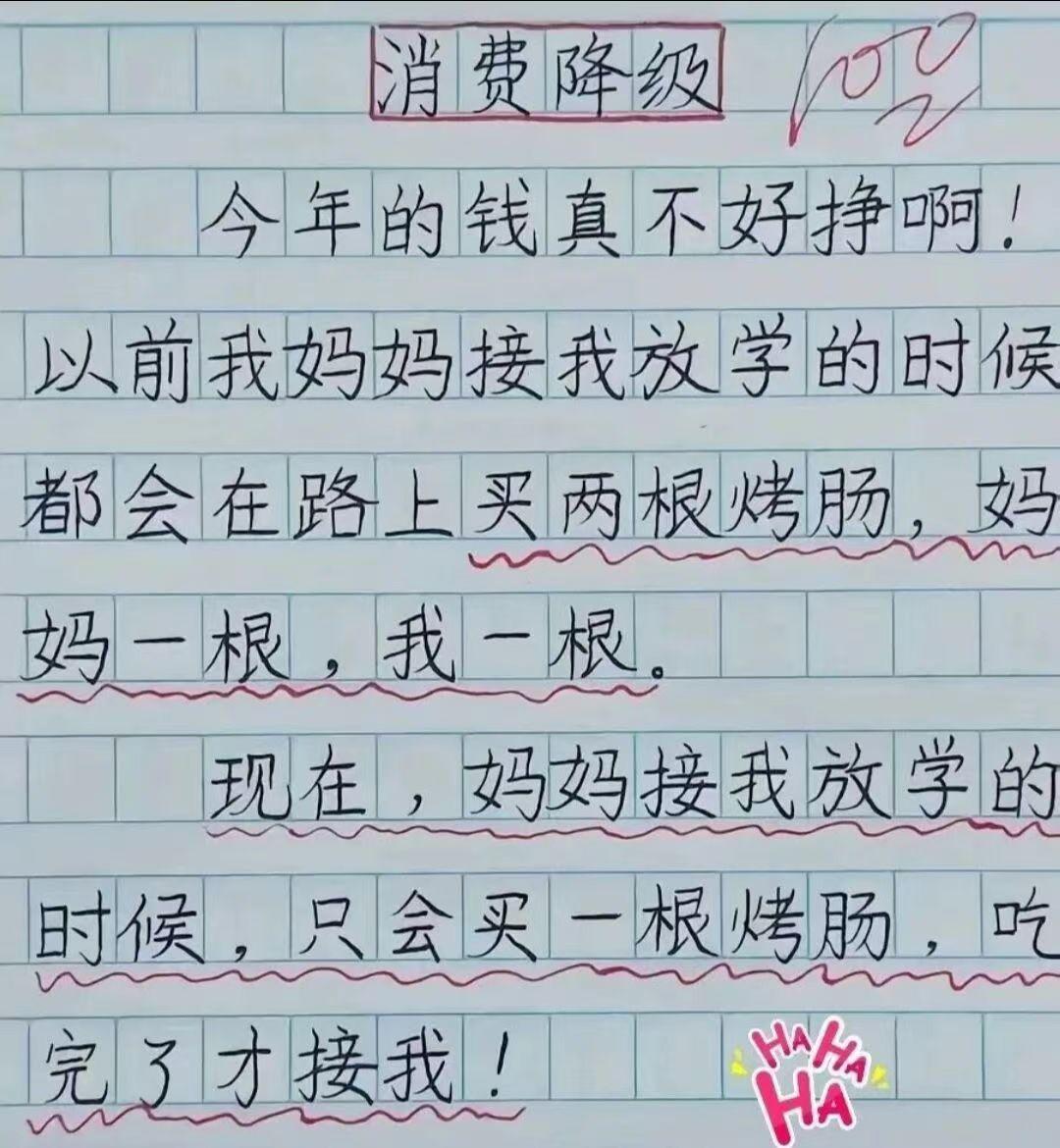 关于消费降级孩子怎么看？
今天朋友发给我一张图，孩子眼中的消费降级，看着又搞笑是