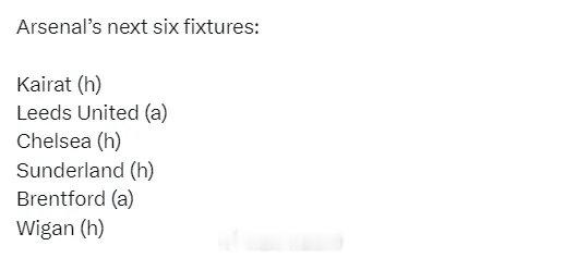 阿森纳未来6场比赛：主战凯拉特、客战利兹联、主战切尔西、主战桑德兰、客战布伦特福