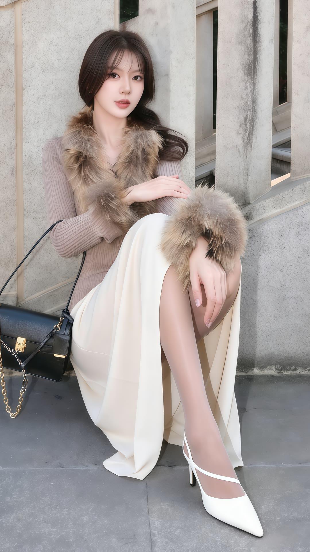 优雅冬日穿搭，毛茸茸外套搭配长裙，尽显温柔气质