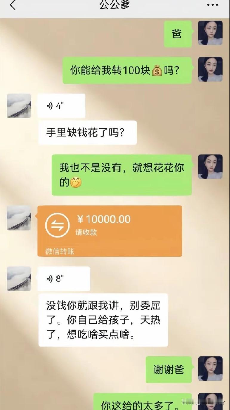 这聊天的语气像是儿媳妇儿和老公公吗？那句就想花你的钱，怎么感觉都透着点暧昧？
想