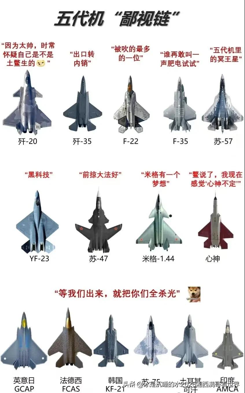 军迷网友做的世界各国第五代机生态圈子里的鄙视链：
最高层，美国的F-22、F-3