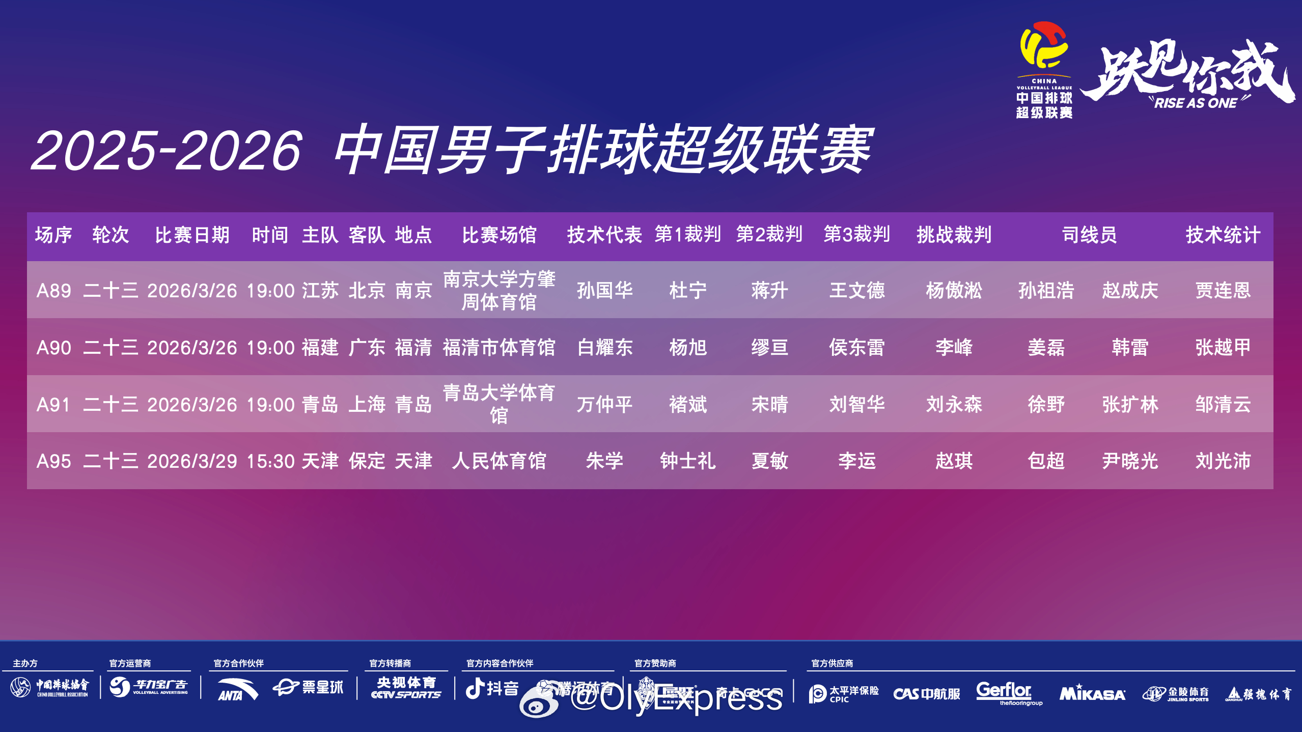 排超联赛 男排联赛本轮赛程对阵 