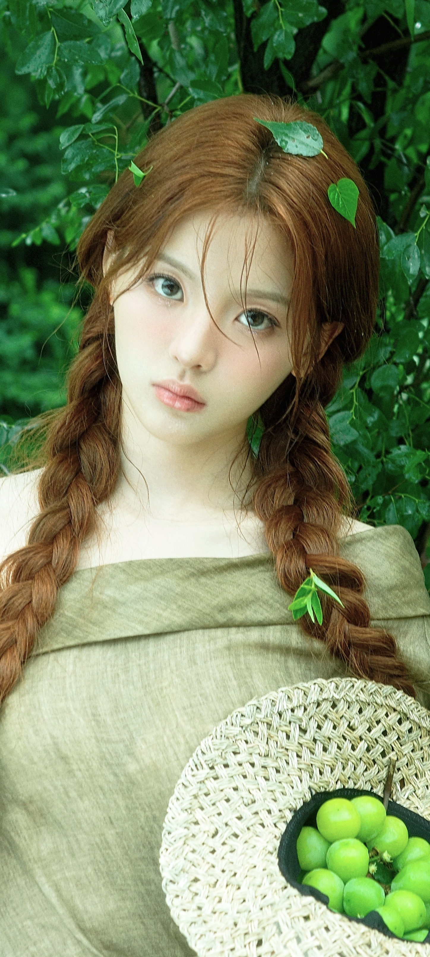 杨超越手机全屏壁纸，绿意盎然色彩中的甜美感麻花辫少女。杨超越