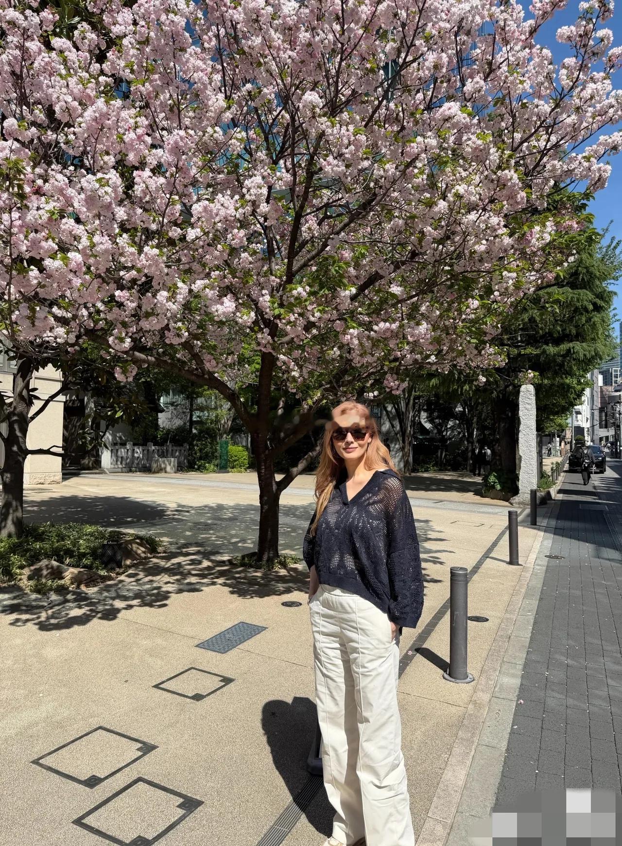 李嘉欣日本看樱花，染了奶奶灰好显老，颈纹那么深法令纹也多，第一一眼差点看成了郑秀