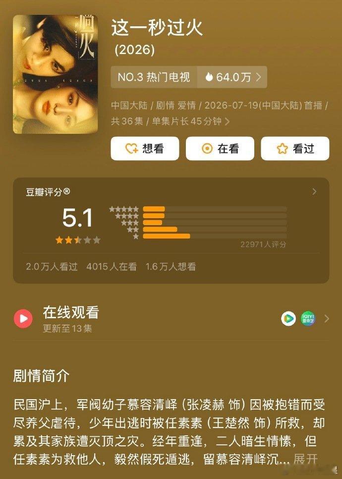 暑假档剧集豆瓣集体开分了，最高6.9分，最低5.1分这一秒过火才播了几天也就跟着