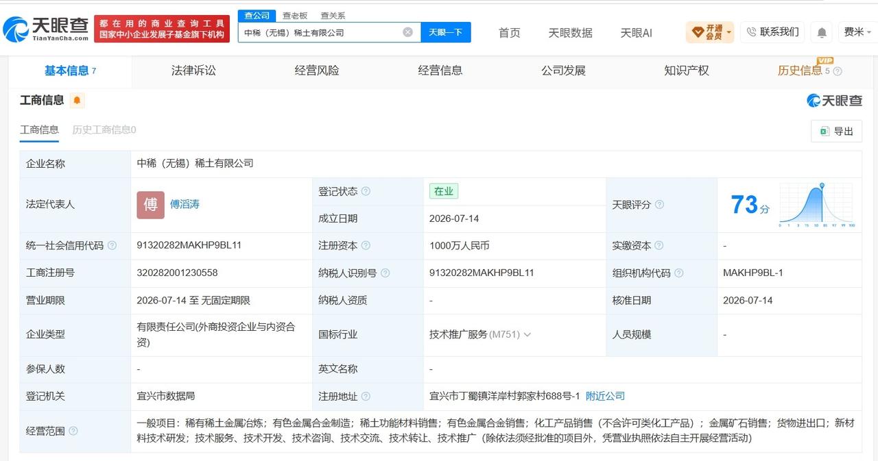 中国稀土集团等在无锡成立新公司 注册资本1000万

天眼查App显示，近日，中
