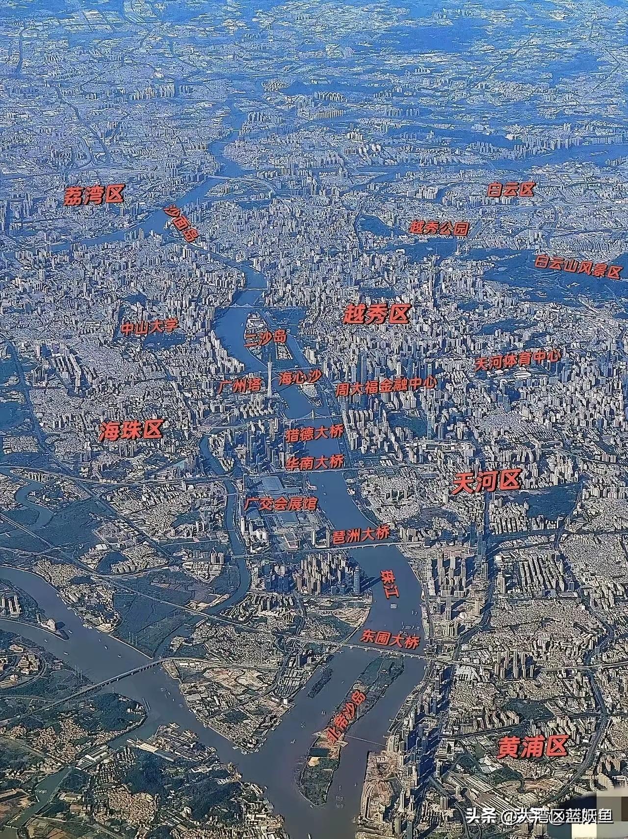从高空往下看，广州那片楼群挤得密密麻麻，却又透着股说不出的章法。小蛮腰戳在中间，