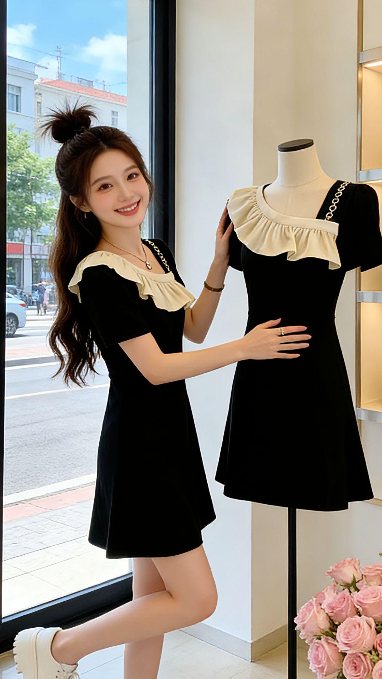 Danny的夏日出行穿搭，全靠这条小黑裙撑场面。荷叶边拼接温柔又有设计感，收腰版