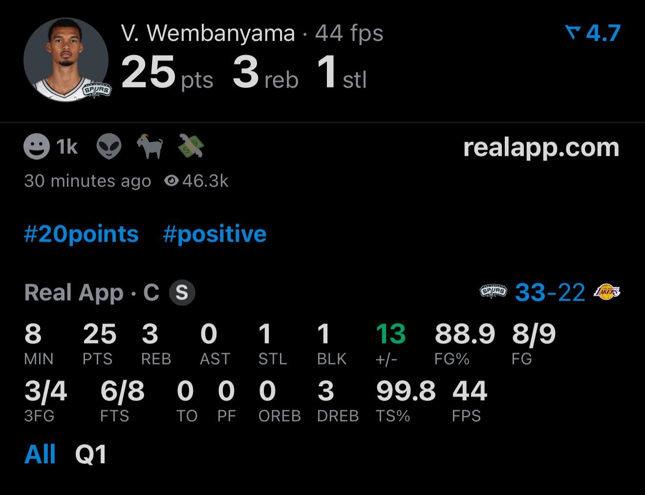 不是...这么猛？！文班亚马8分钟就砍25分了！第一节出战8分钟，投篮9中8其中