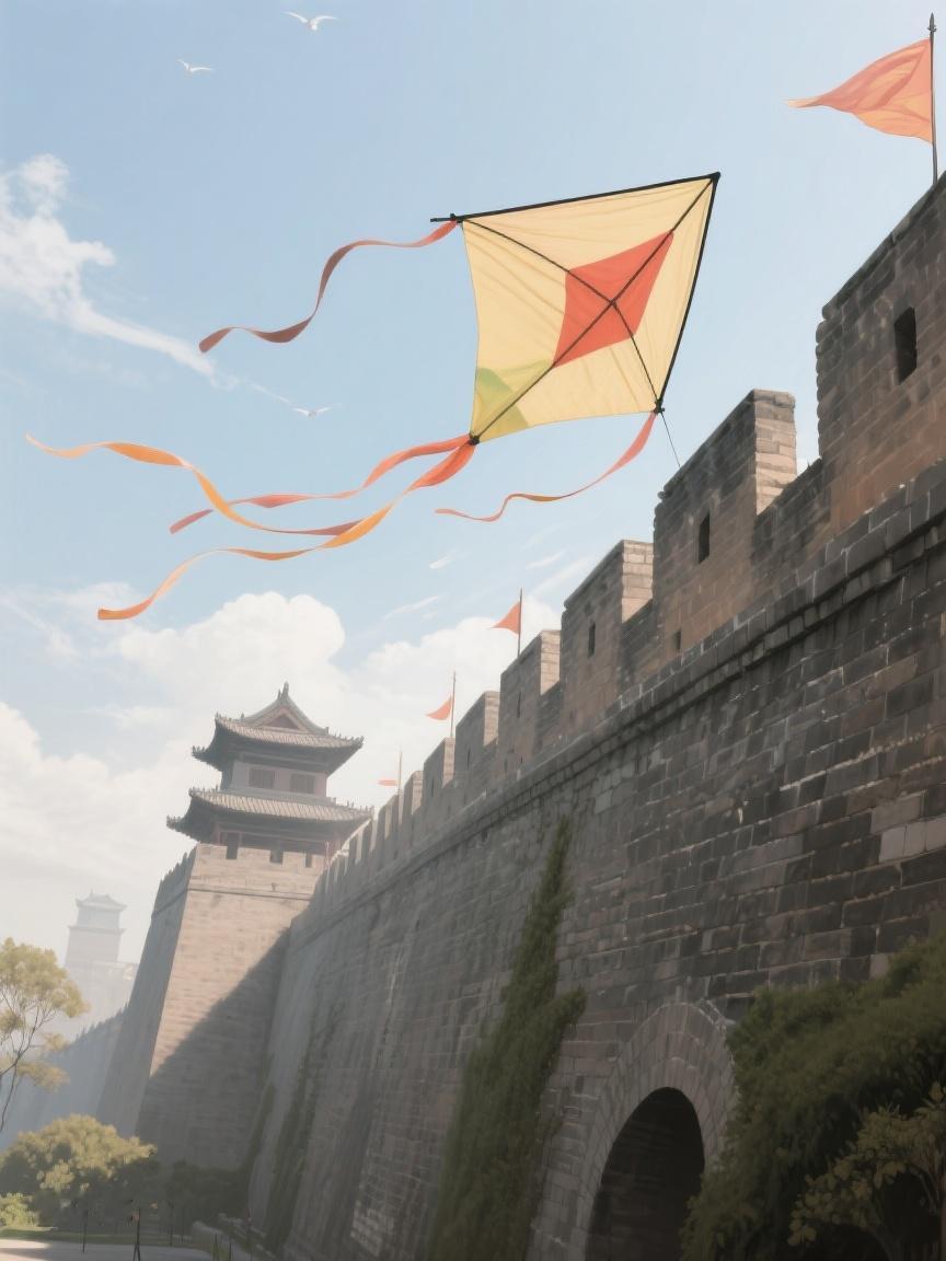 AI妙生图古老城墙边，风筝飞扬，如梦想在岁月里追逐，每一线都牵着希望的风💕