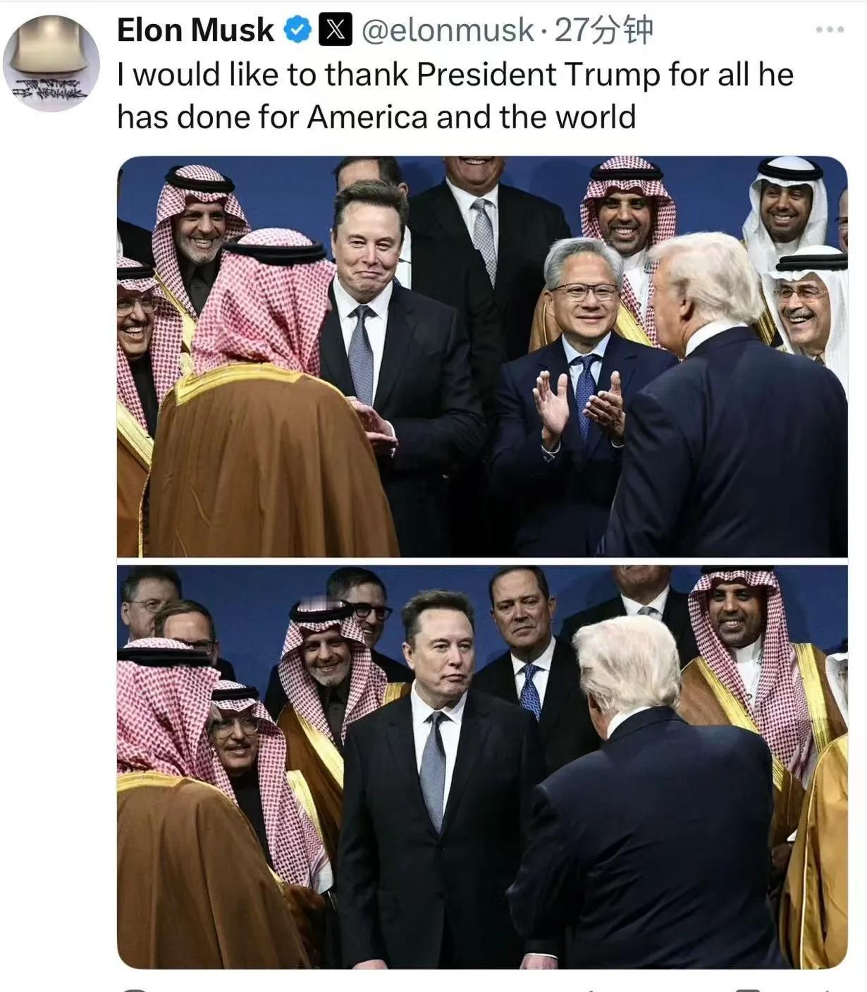 就在沙特王储访问美国之际，马斯克作为嘉宾参加欢迎晚宴，特朗普拍拍马斯克的手臂打招