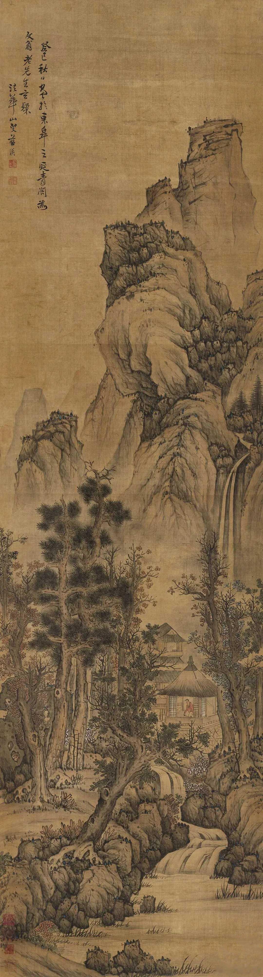 明 蓝瑛《秋山听泉图》，立轴 设色绢本 252×68 cm。蓝瑛的《秋山听泉图》