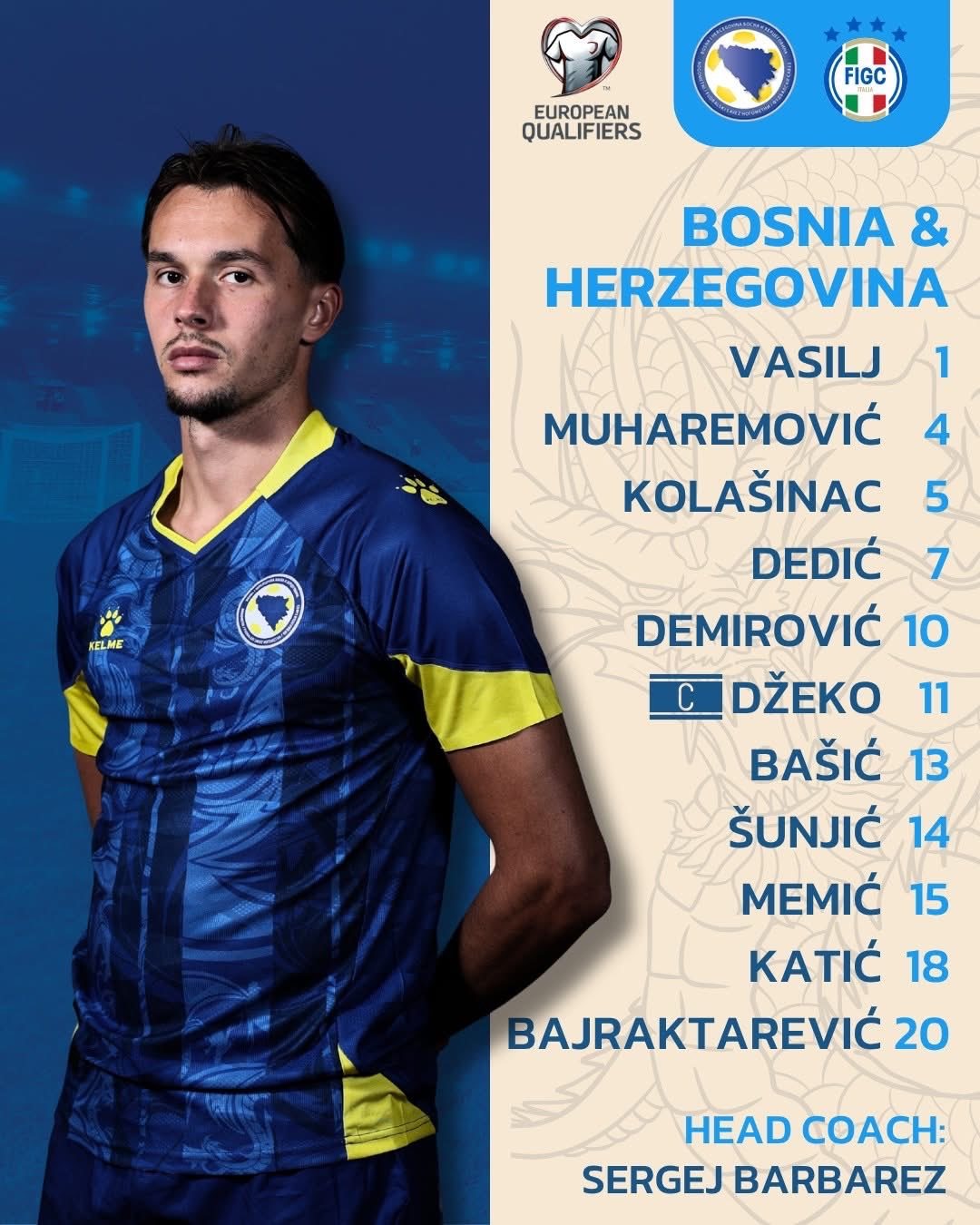 【首发阵容】 世预赛 附加赛：意大利🇮🇹客场vs波黑🇧🇦队。💪🏻意大