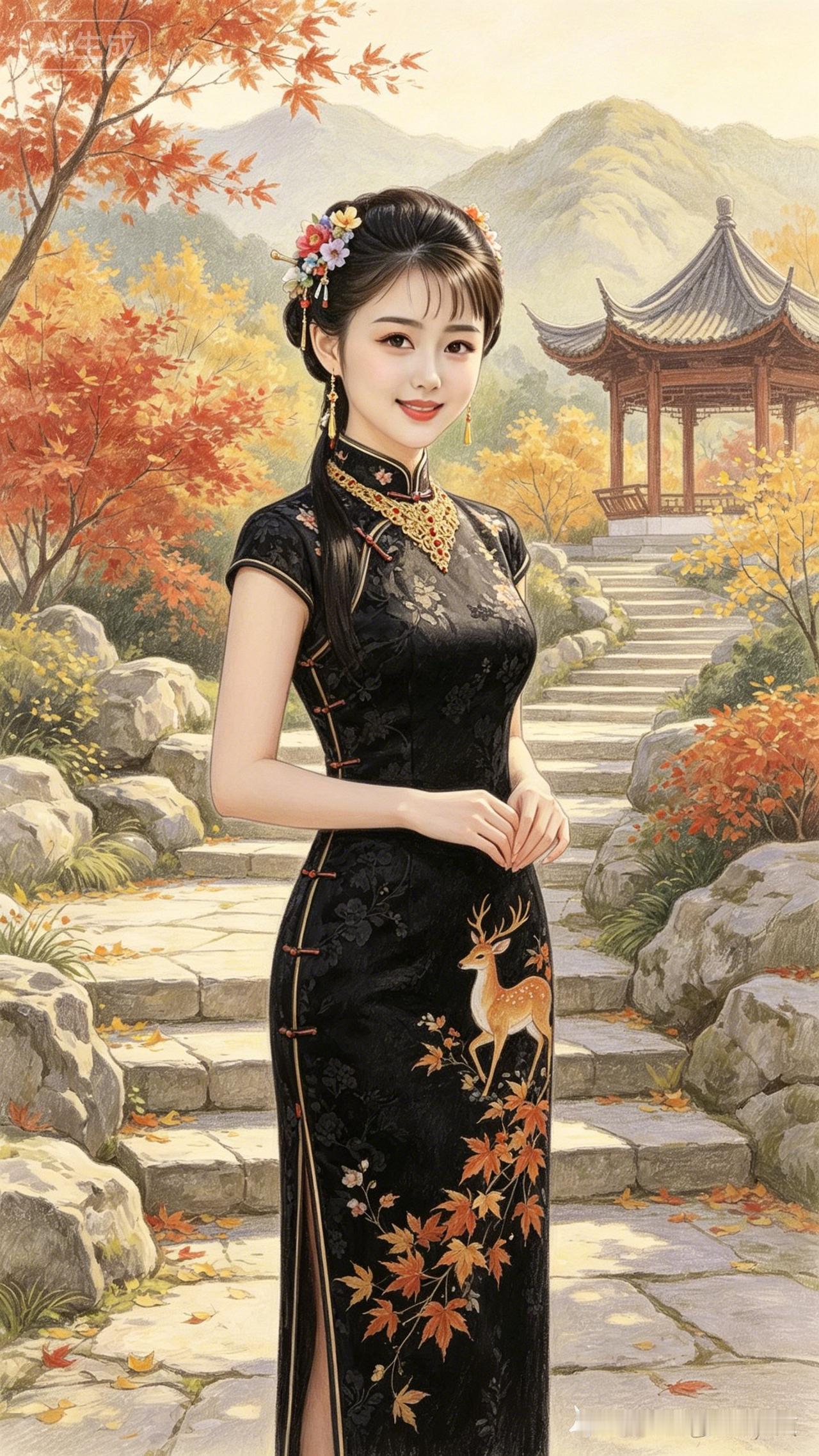 穿旗袍的姑娘在秋景中微笑。