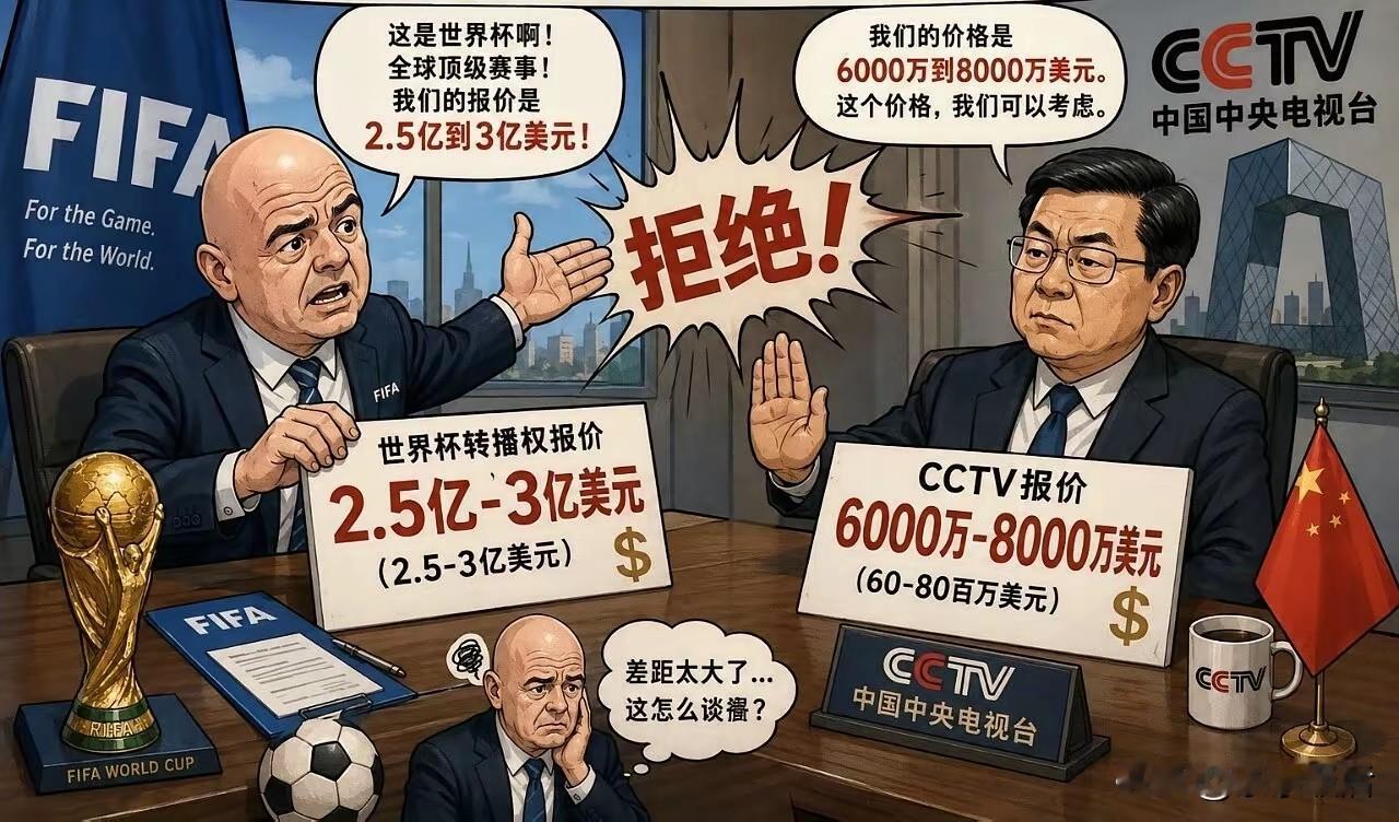 FIFA（大声喊价）：2.5-3亿！这可是世界杯！不买亏大了！
央视（摆手摇头）