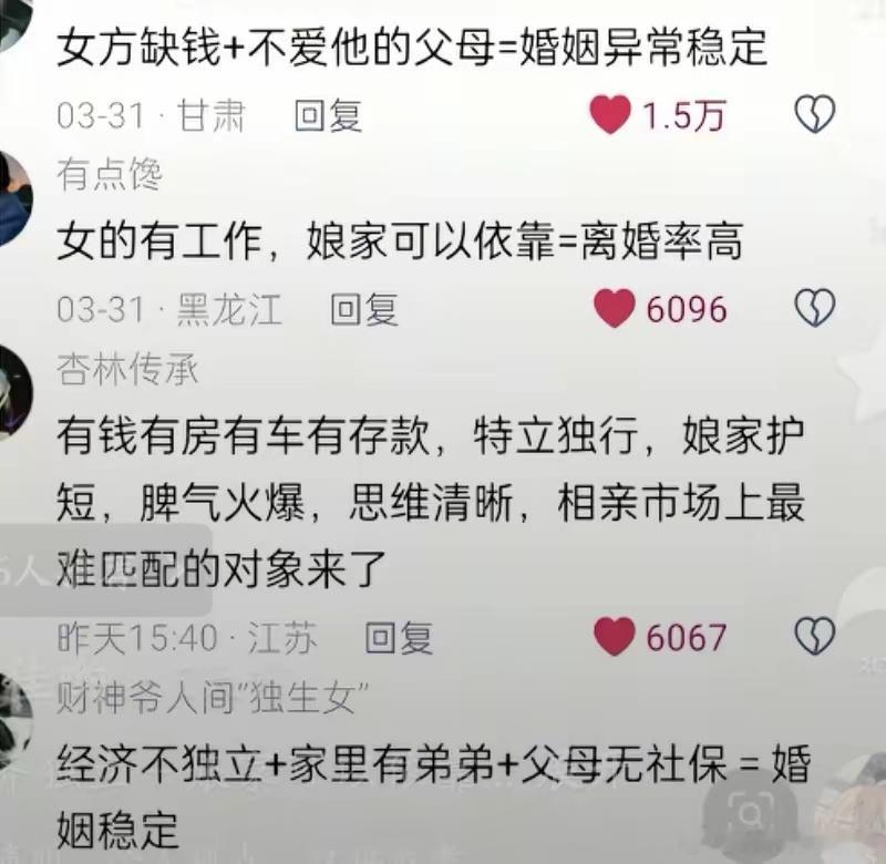 婚姻里最稳定的关键因素是：女方没有钱女方缺钱＋不爱她的父母＝婚姻异常稳定。女方有