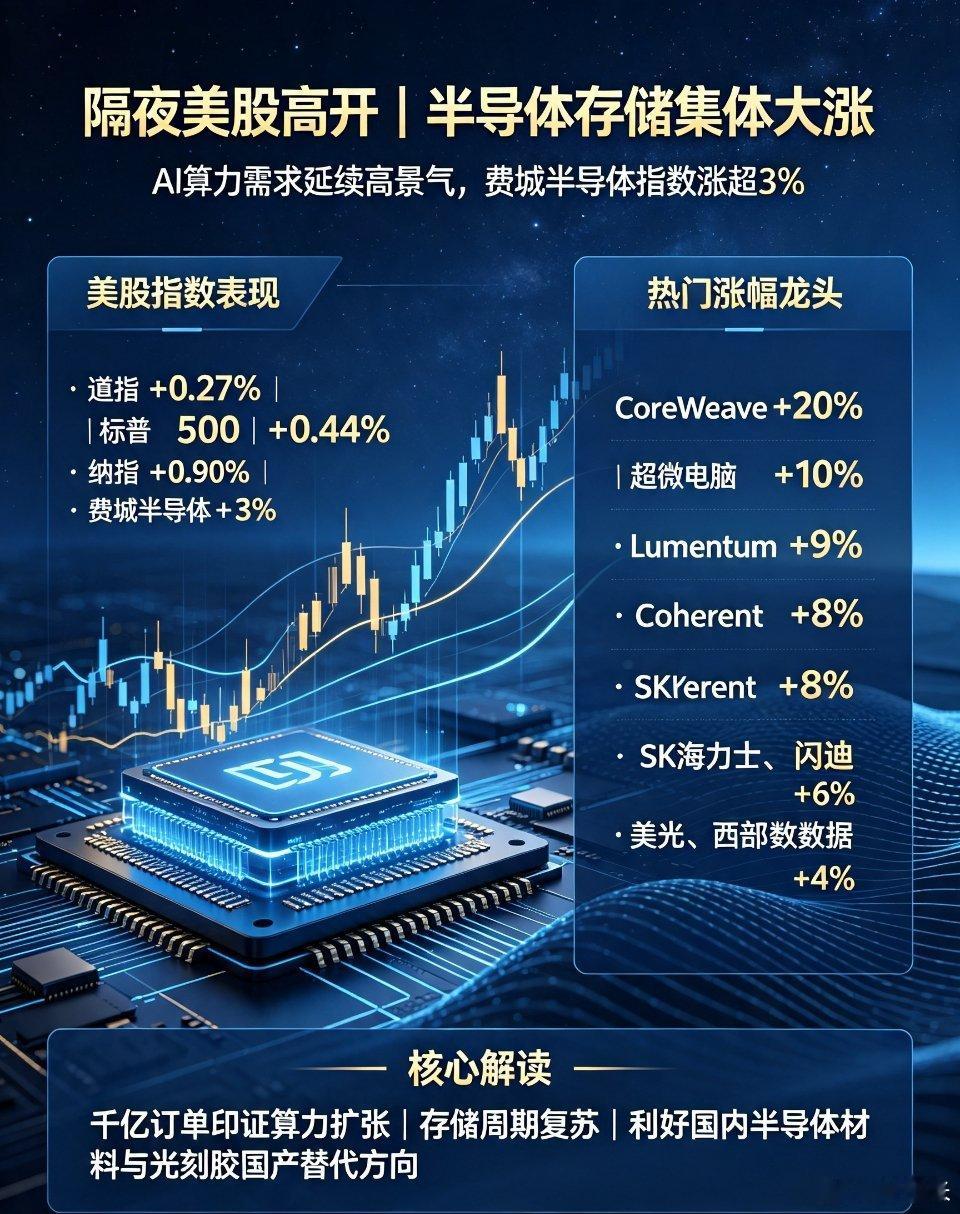 隔夜美股行情｜AI算力全线爆发，半导体/存储/光通信集体大涨（适配光刻胶龙头配套