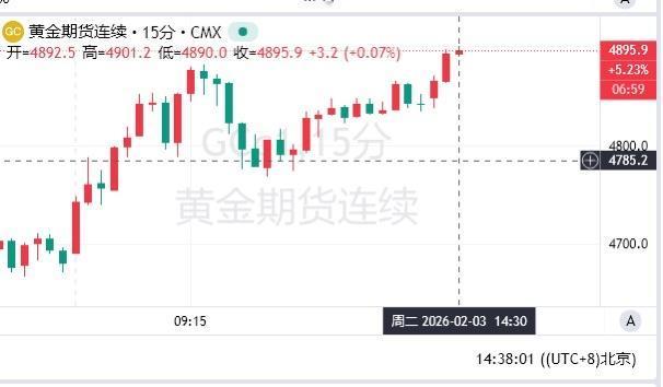 纽约期金突破4900美元/盎司，日内涨5.34%。