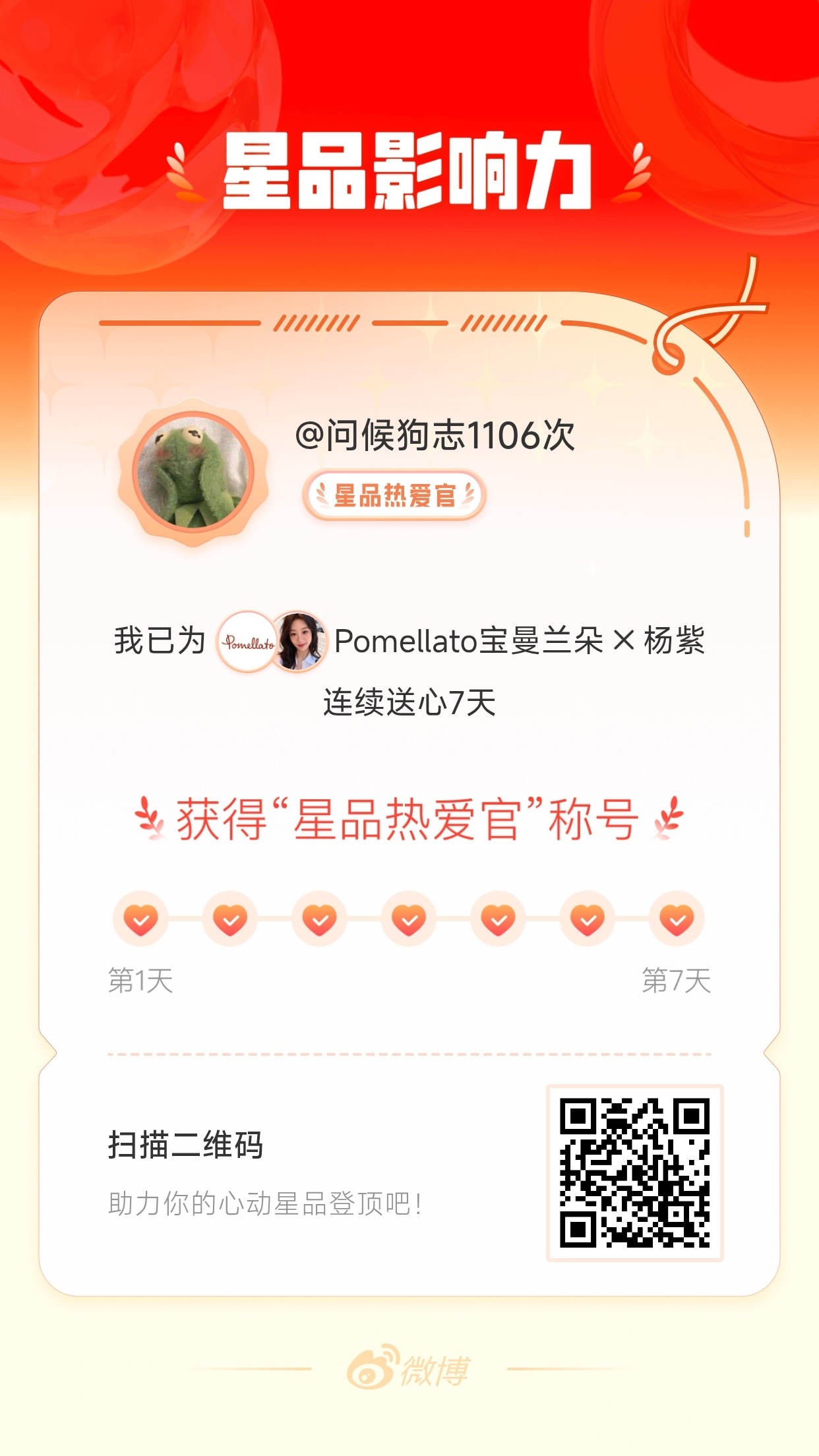 我在星品影响力上为 X 连续送心7天，获得“星品热爱官”称号！快来一起pick你