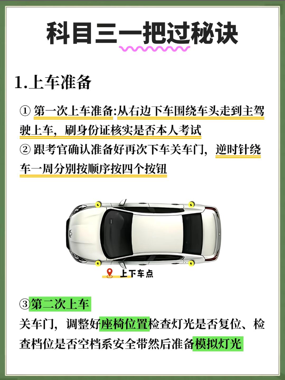 科目三一把过秘诀 1.上车准备 ① 第一次上车准备：从右边下车围绕车头...