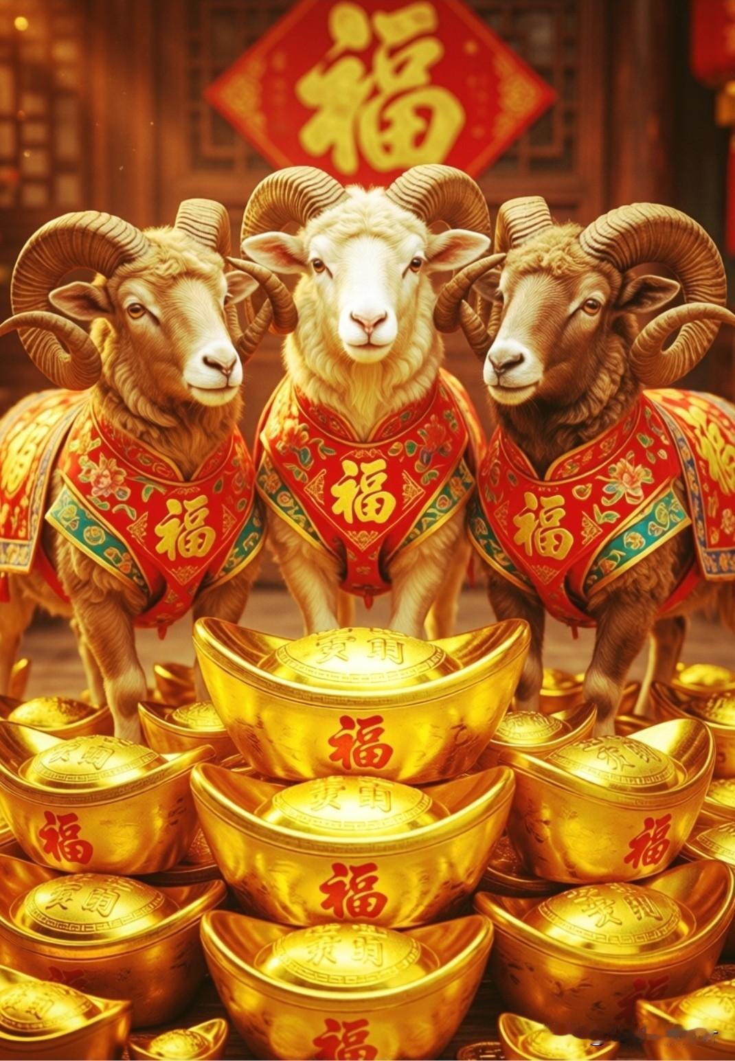 三羊开泰迎新岁，
四季发财福满门。