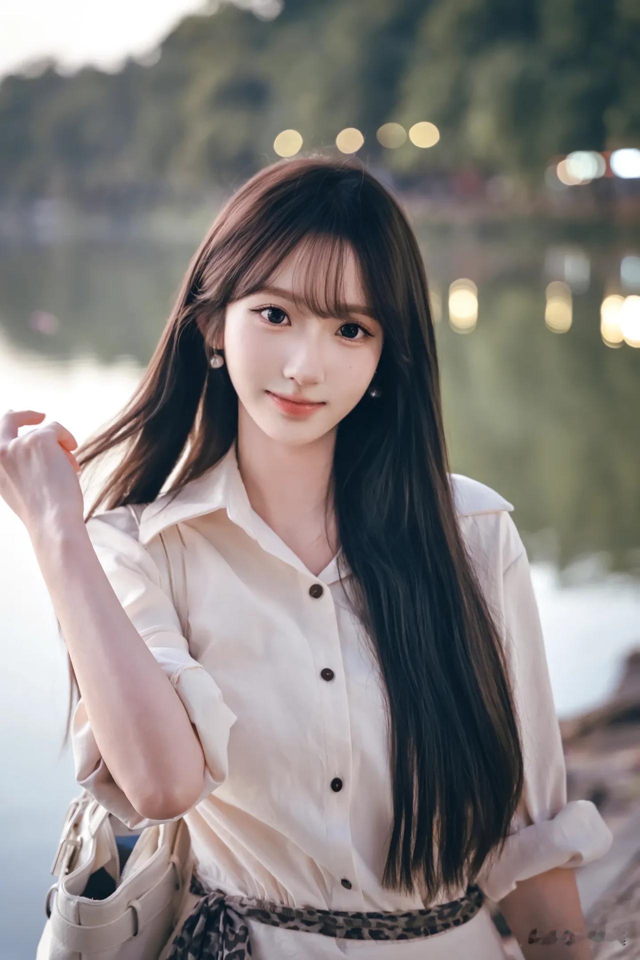 温柔少女，湖畔漫步，清新自然，元气满满！🌿💕