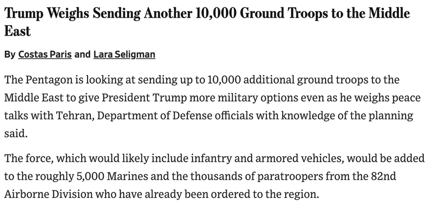 🔻WSJ报道，根据国防部官员可靠情报透露，美军正在考虑增派1万名有载具装备的地
