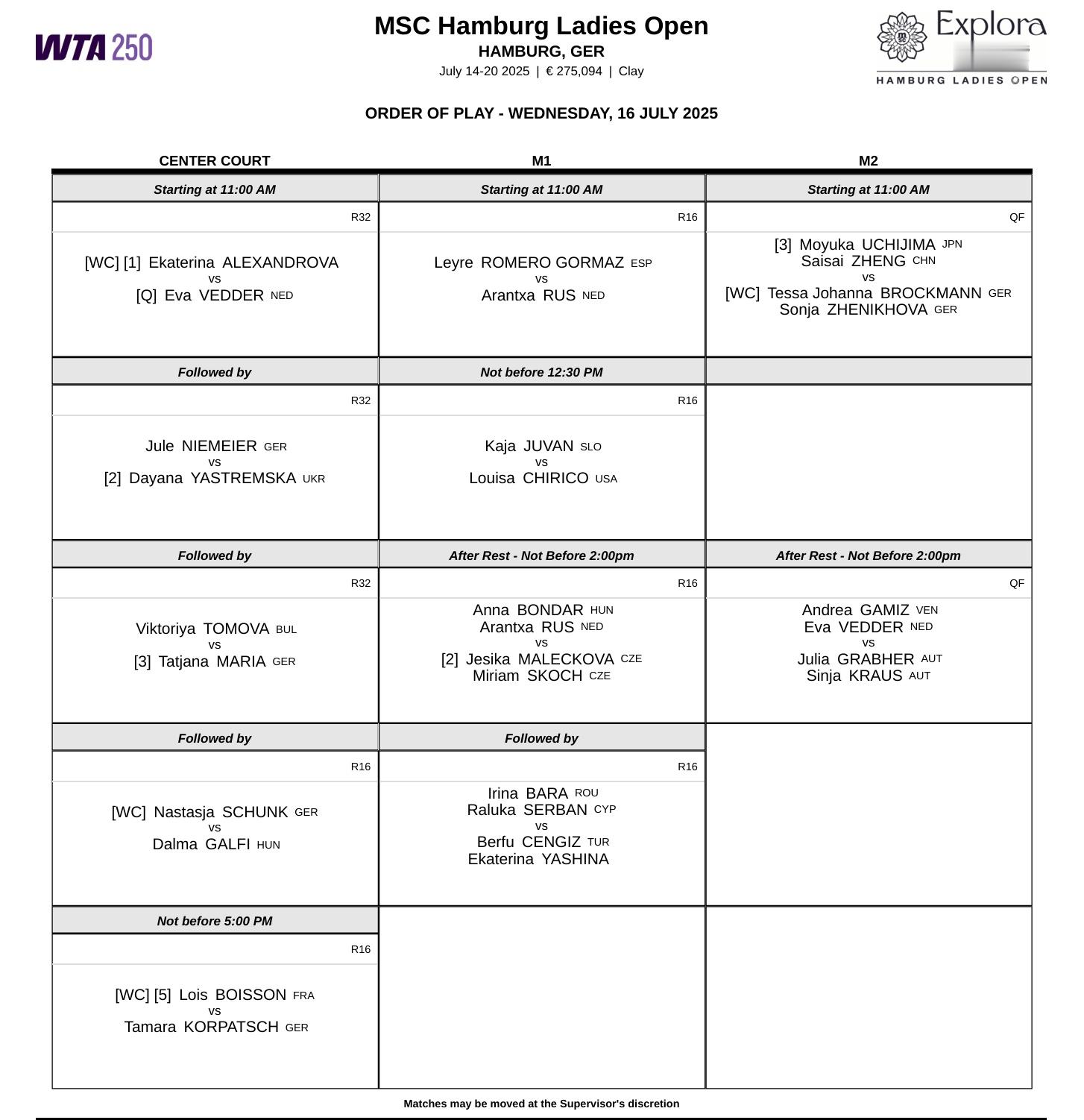 今日赛程📅📍WTA250汉堡站亚历山德洛娃、雅斯特雷姆斯卡、玛利亚、布瓦松等