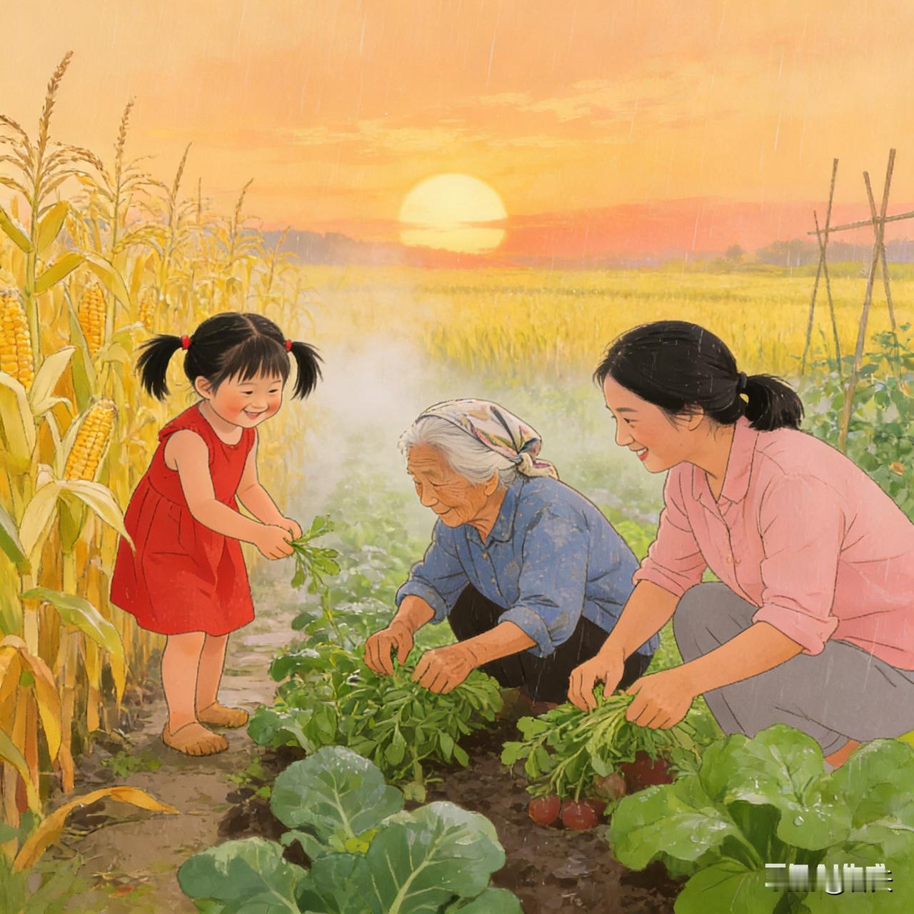 红裙小丫头追着蝴蝶跑，奶奶纳鞋妈妈摘菜，晚风裹着烟火气，把日子烘得暖融融。
 