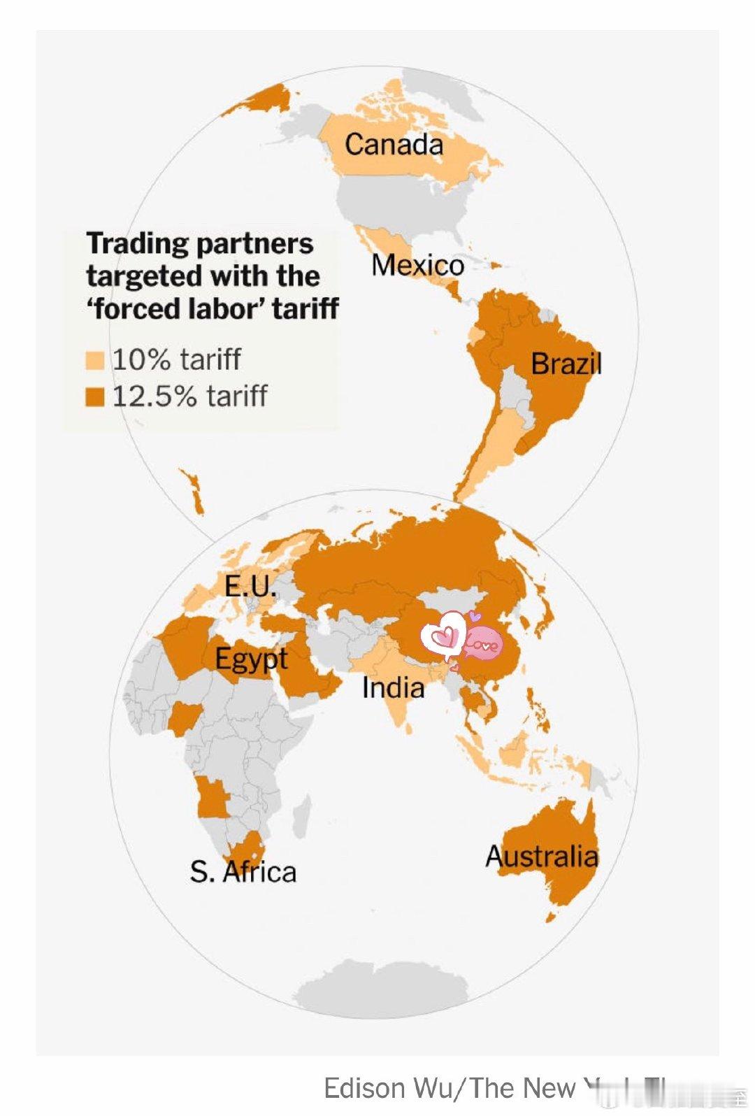 美国最新加征的“强po劳 动”关税，今天生效浅色10%、深色12.5%、灰色不受