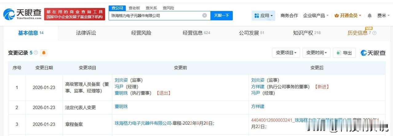 【董明珠退出格力电子元器件公司 董明珠卸任格力电子元器件公司职务】
天眼查工商信