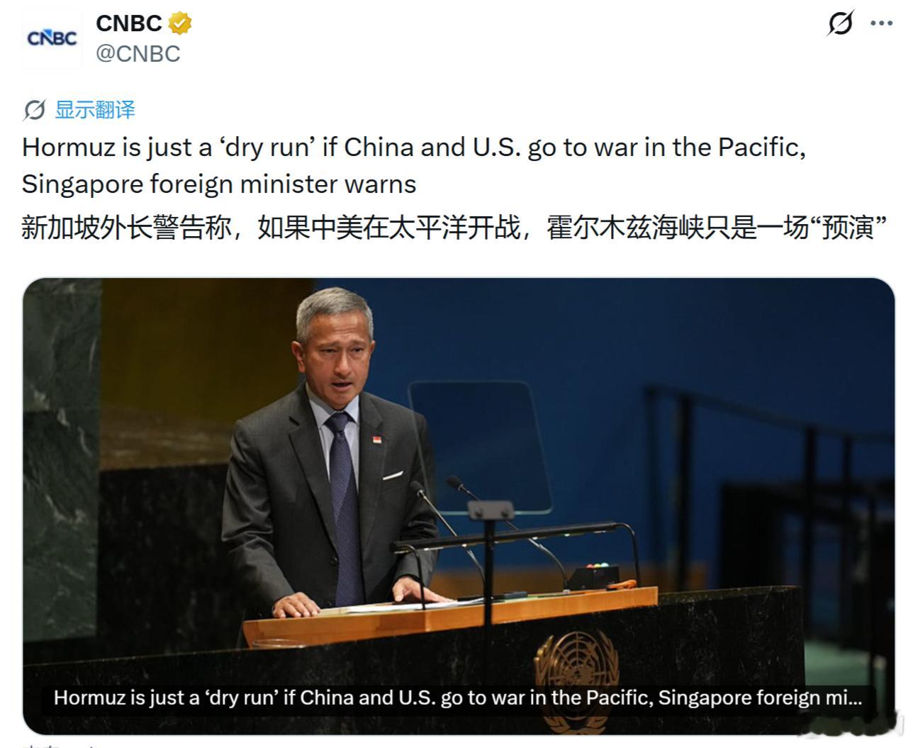 《CNBC》：新加坡外长警告称，如果中美在太平洋开战，霍尔木兹海峡只是一场“预演
