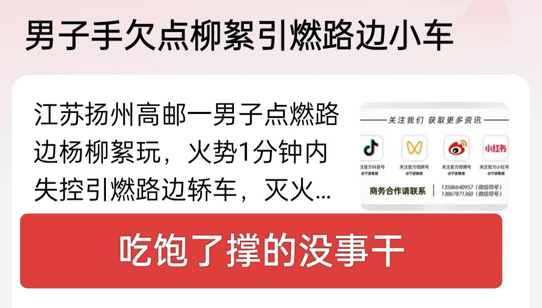 真是吃饱了撑的没事儿干 ，干点啥比干点这不强呀 ！男子手欠点点柳絮引燃路边小车，