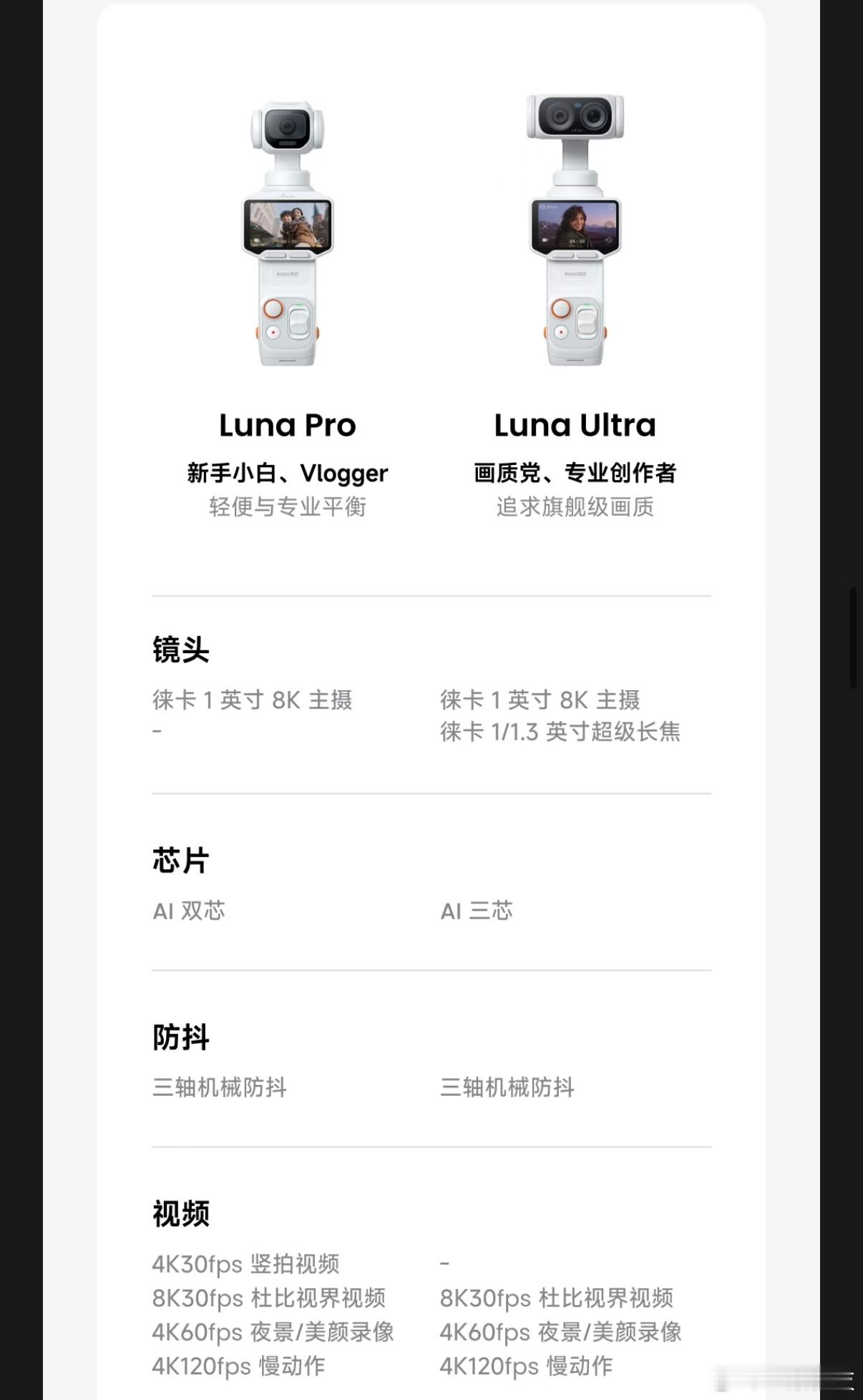 影石Luna Pro发布了，起售价为3399元，它对比Ultra少了一个长焦镜头