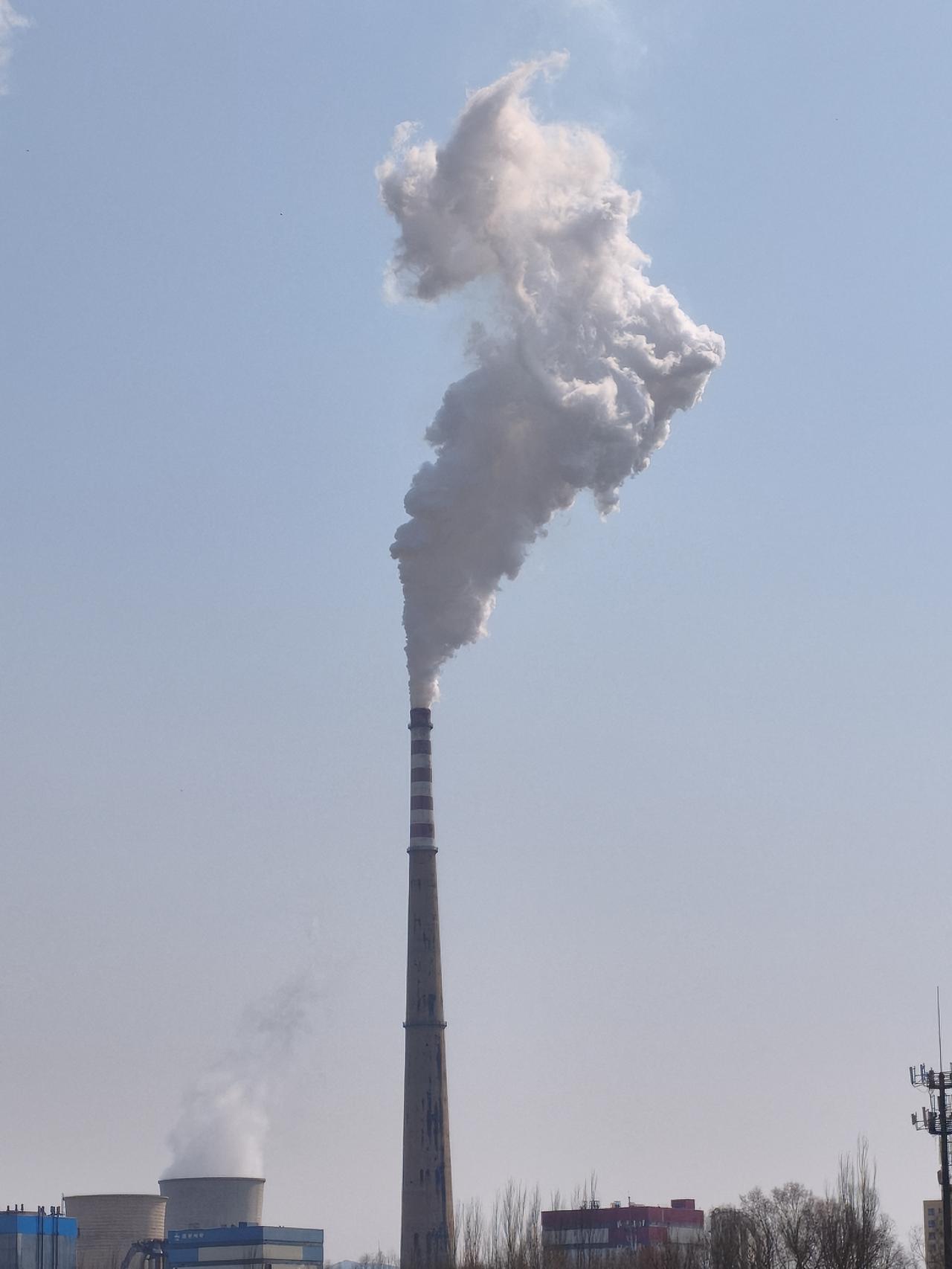 发电厂大烟筒冒出的白烟，这造型好像回首的大狮子。