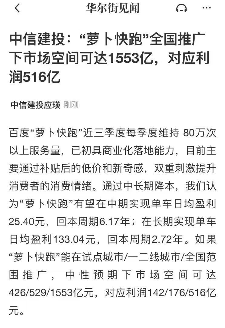 中信建投：“萝卜快跑”全国推广下，市场空间可达1553亿，利润516亿。[吃惊]