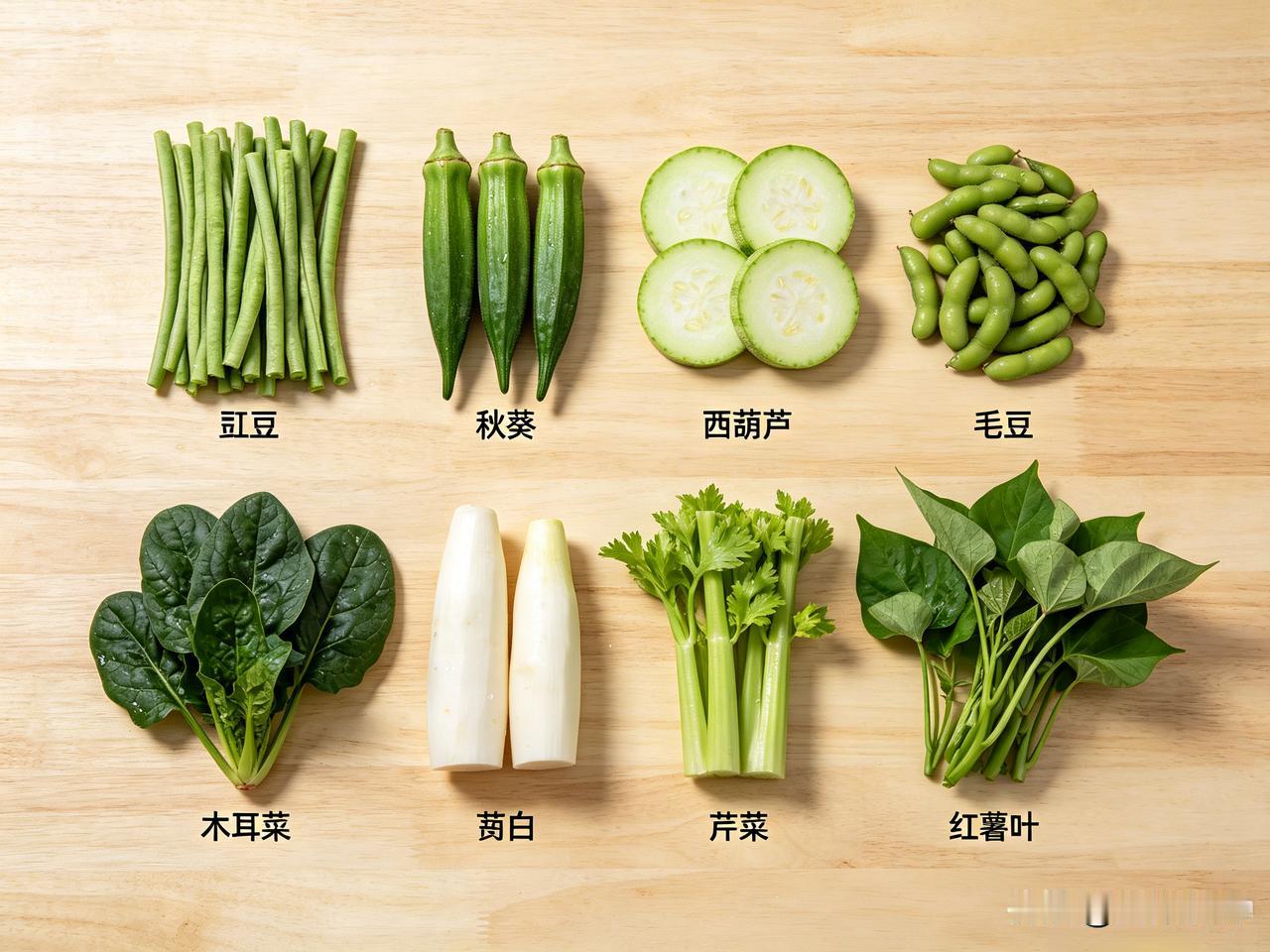 夏天，这8种蔬菜轮着吃，身体会感谢你：
1、豇豆。
2、秋葵。
3、西葫芦。
4