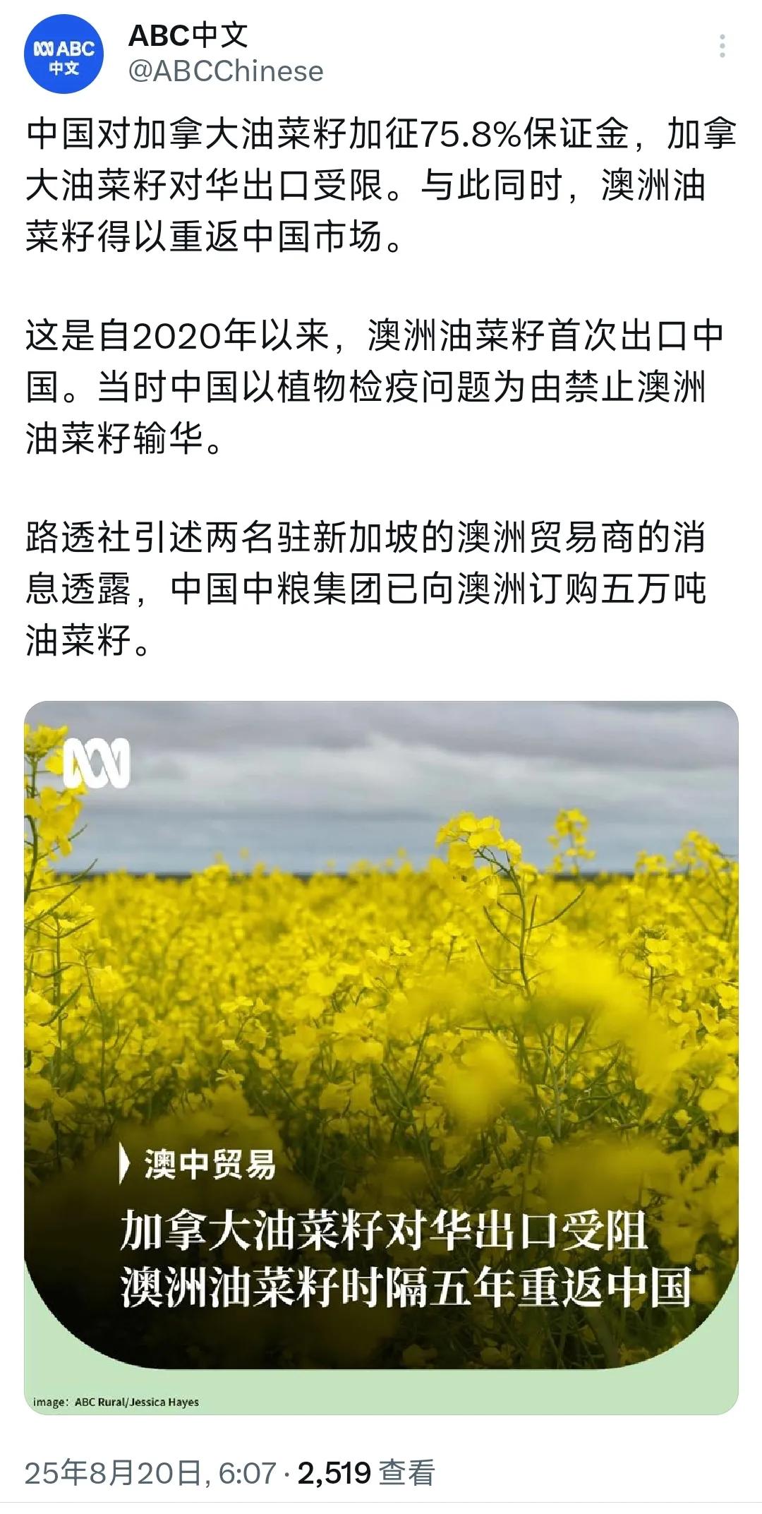 澳大利亚广播公司今天写道：“中国对加拿大油菜籽加征75.8%保证金，加拿大油菜籽
