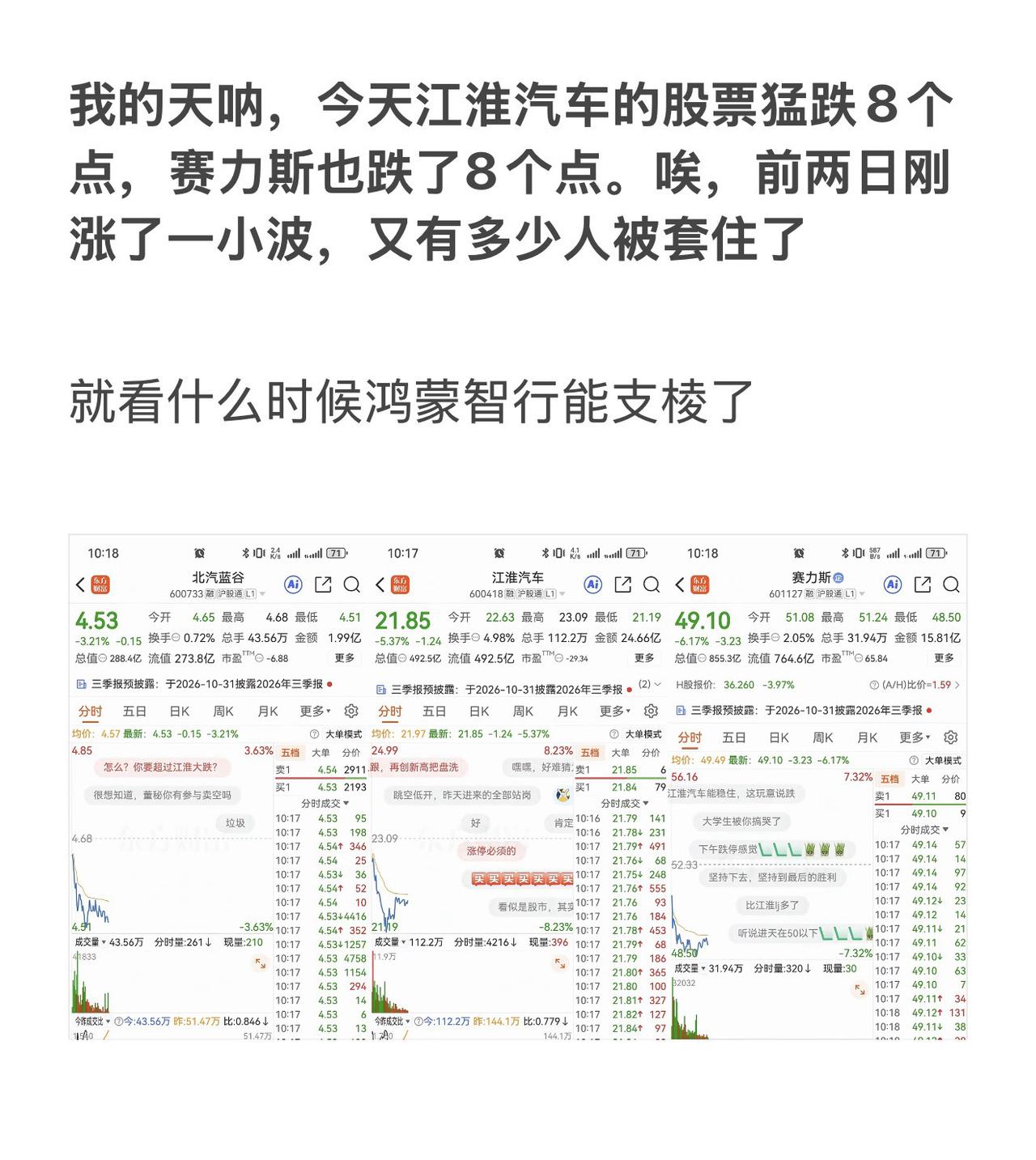 我的天呐，今天江淮汽车的股票猛跌8个点，赛力斯也跌了8个点。唉，前两日刚涨了一小