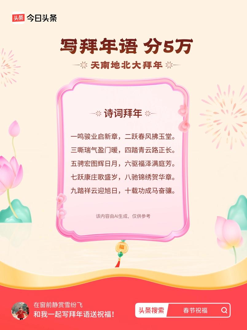 写拜年语送祝福新春拜年送祝福！我的祝福是：“一鸣骏业启新章，二跃春风拂玉堂。三嘶