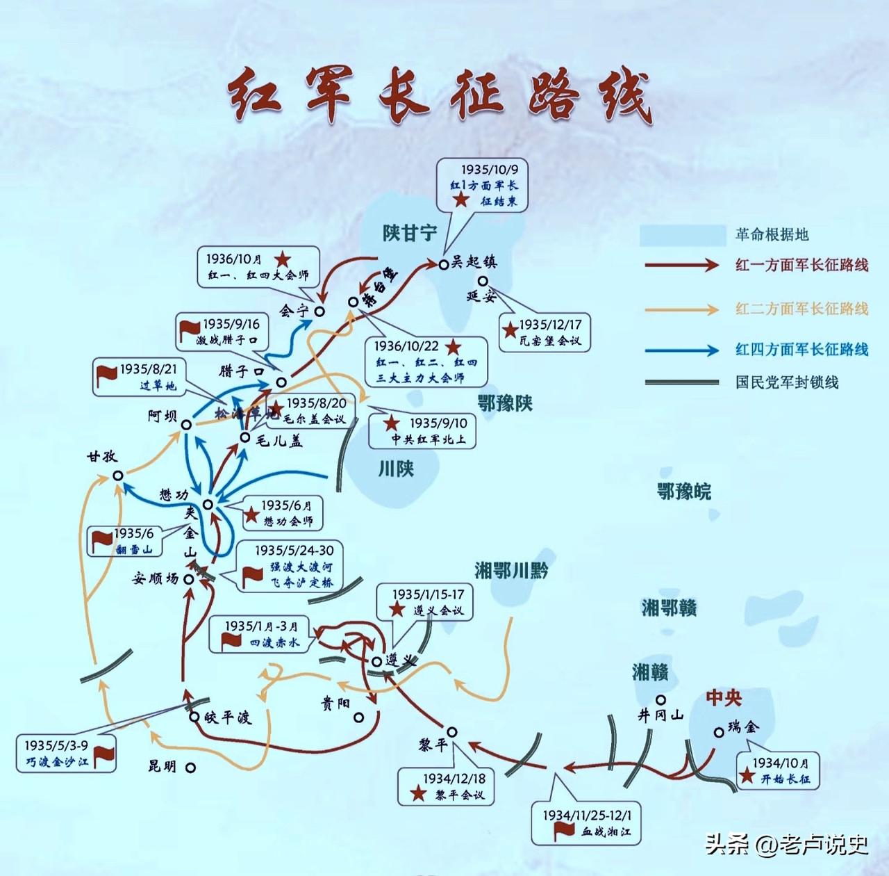 一图看懂红军二万五千里长征路线，如果没有1935年一月的遵义会议，没有毛主席领导