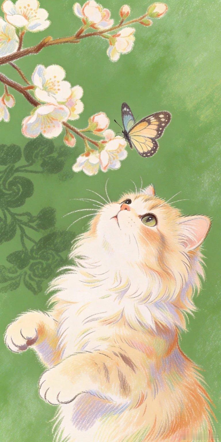 秋日园中追蝶嘻耍猫咪治愈系插画壁纸 