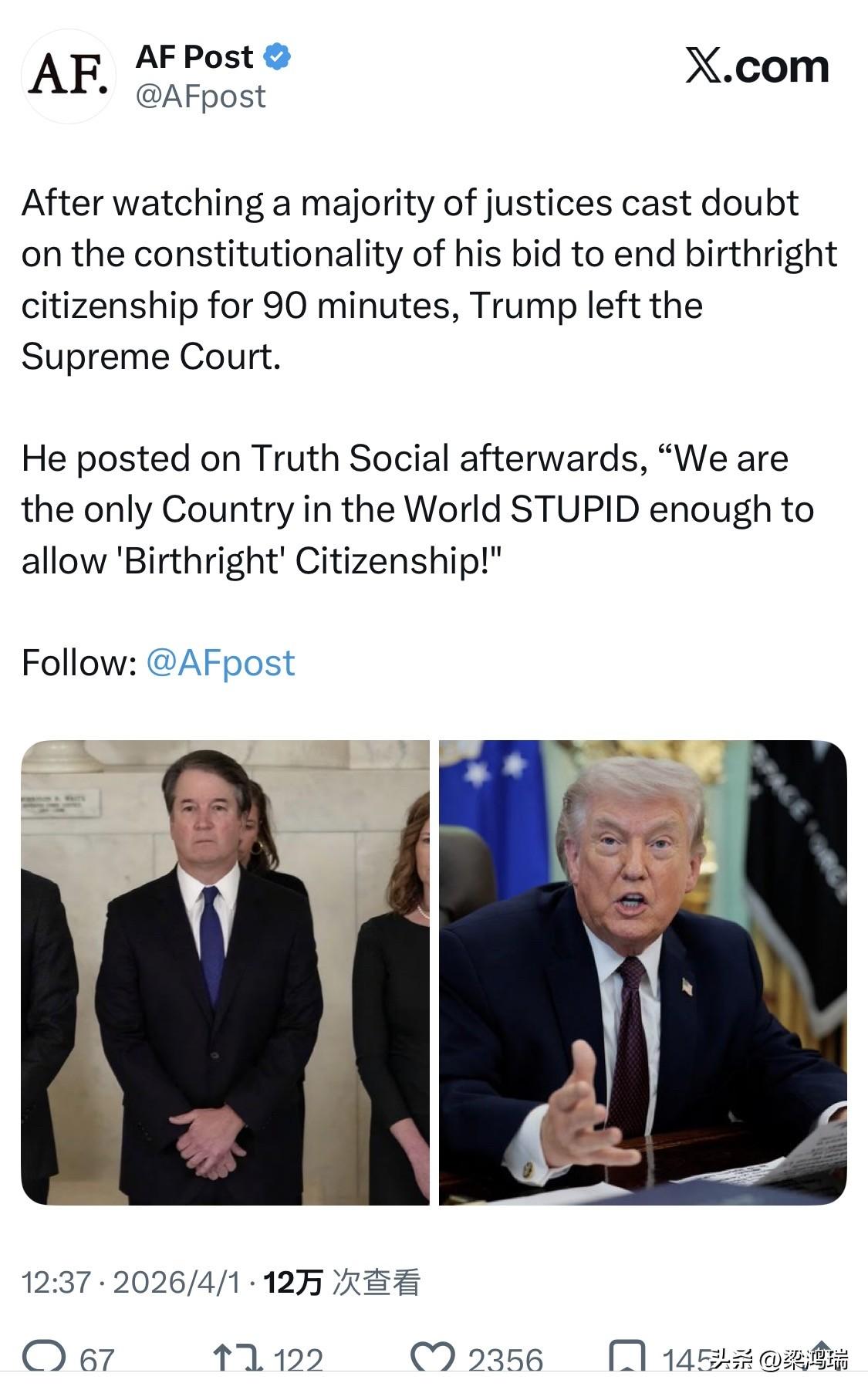 在美国最高法院多数大法官对其废除出生公民权的努力的合宪性提出质疑 90 分钟后，