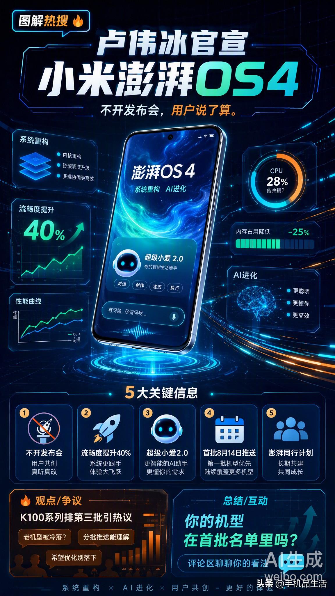 今日，小米澎湃 OS4 Beta 正式开启首批招募。

8 月 14 日下午起推